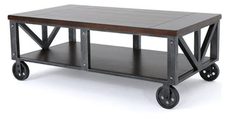 GDF Studio Dresden Faux Wood Coffee Table With Antique Black Iron Frame, Rustic