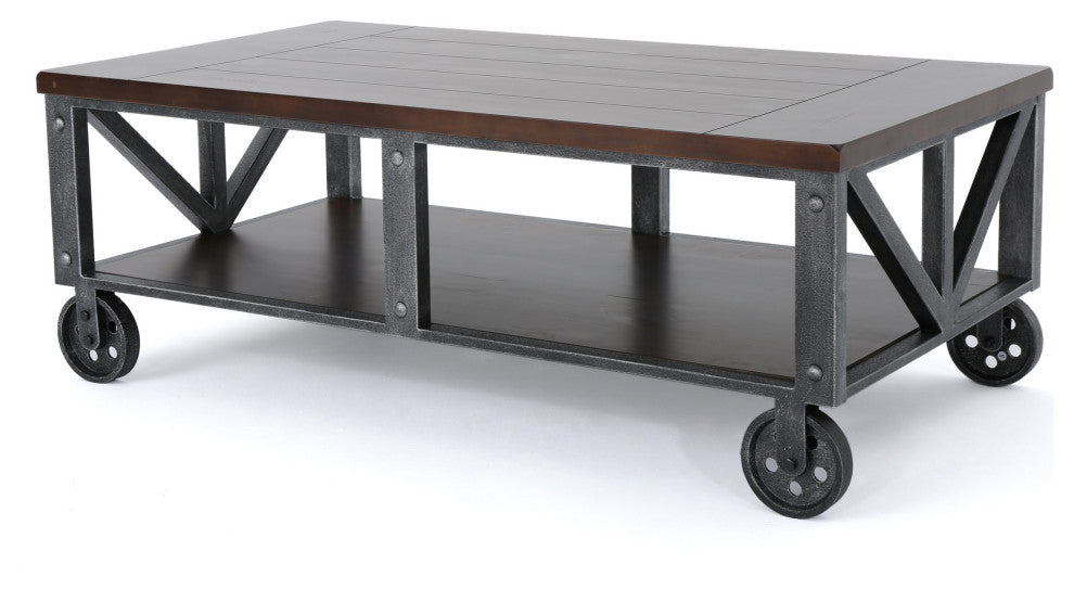 GDF Studio Dresden Faux Wood Coffee Table With Antique Black Iron Frame, Rustic
