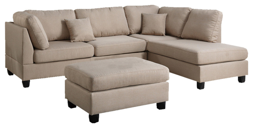 Benzara BM168774 Linen Fabric 3 Pieces Sectional, Sand Beige