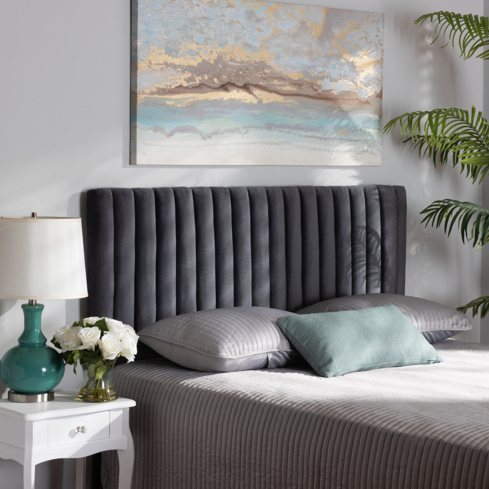 Gray Velvet Fabric Upholstered and Dark Brown Finished Wood King Size Headboard