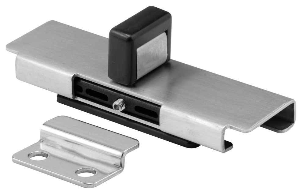 Surface Slide Latch and keeper, for Inswing Doors, Satin Stamped Stainless Steel