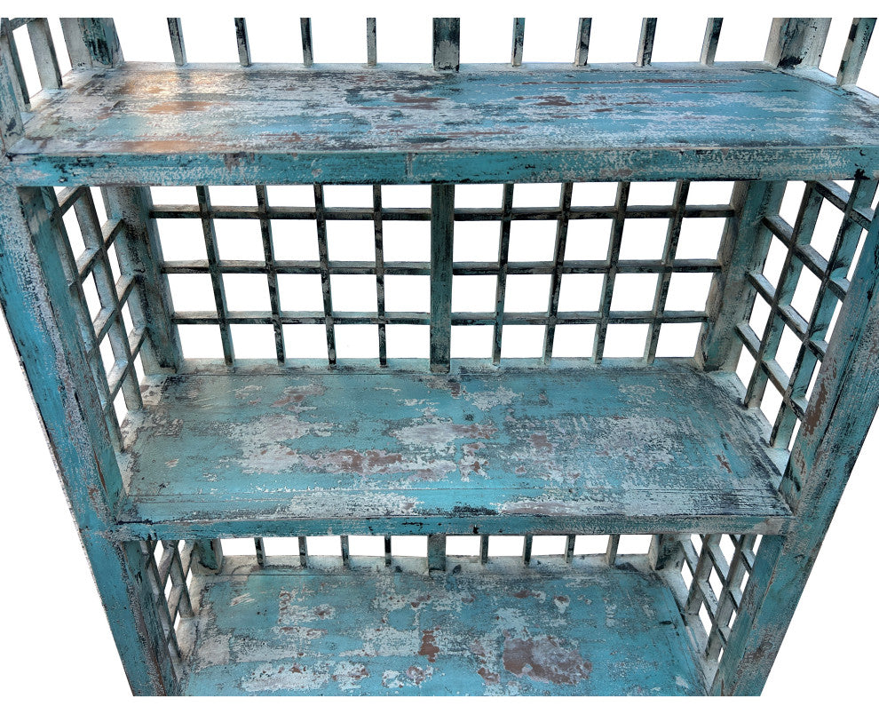Distressed Teal Blue Green Grid Style Back Side Bookcase Display Cabinet