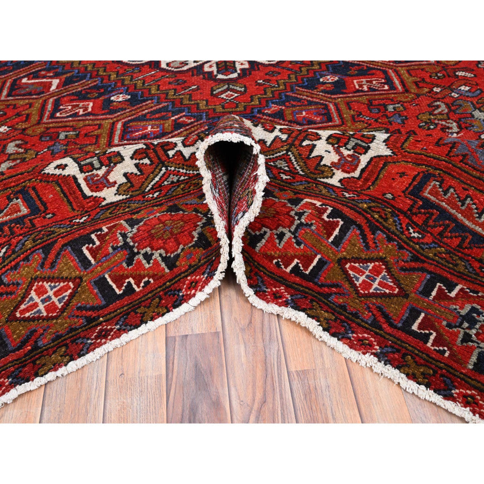 Raspberry Red Worn Wool Hand Knotted Semi Antique Persian Heriz Rug 7'9"x11'