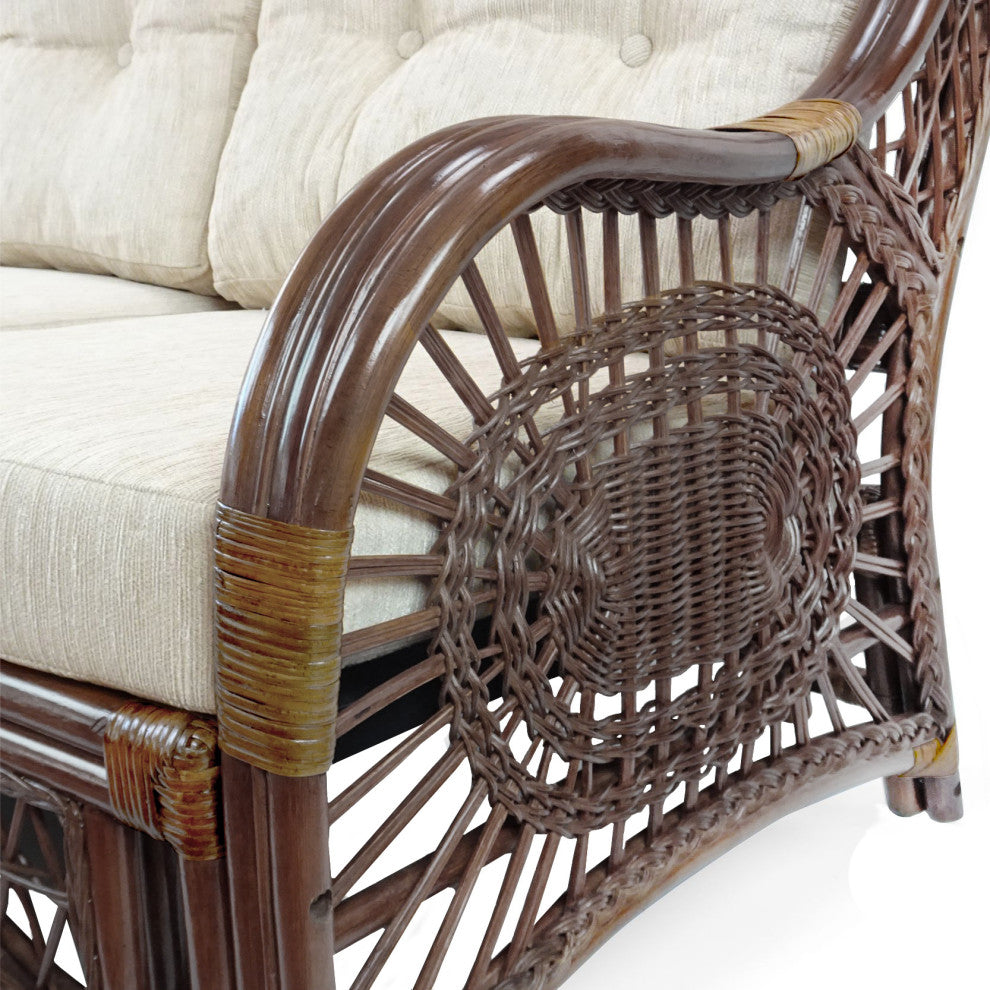 Malibu Handmade 3-Seater Sofa Natural Rattan Wicker, Dark Brown, Cream Cushion