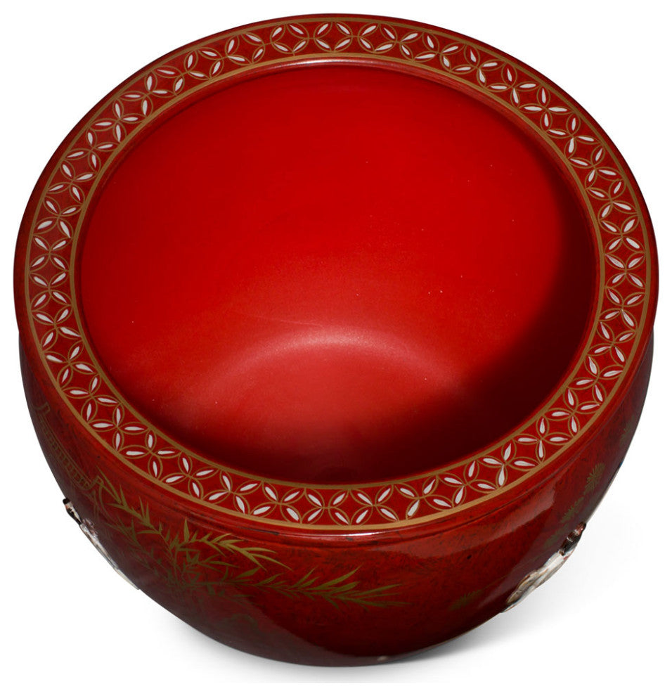 17 Inch Red Mother of Pearl Figurine Chinese Fishbowl Planter, With Stand