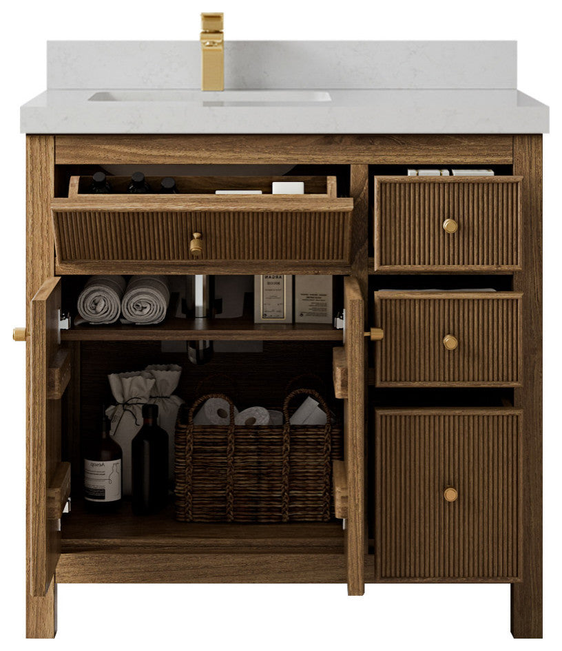 Sonoma Teak 36 Left Offset Bath Vanity in Dark Natural with 2" Carrara Quartz