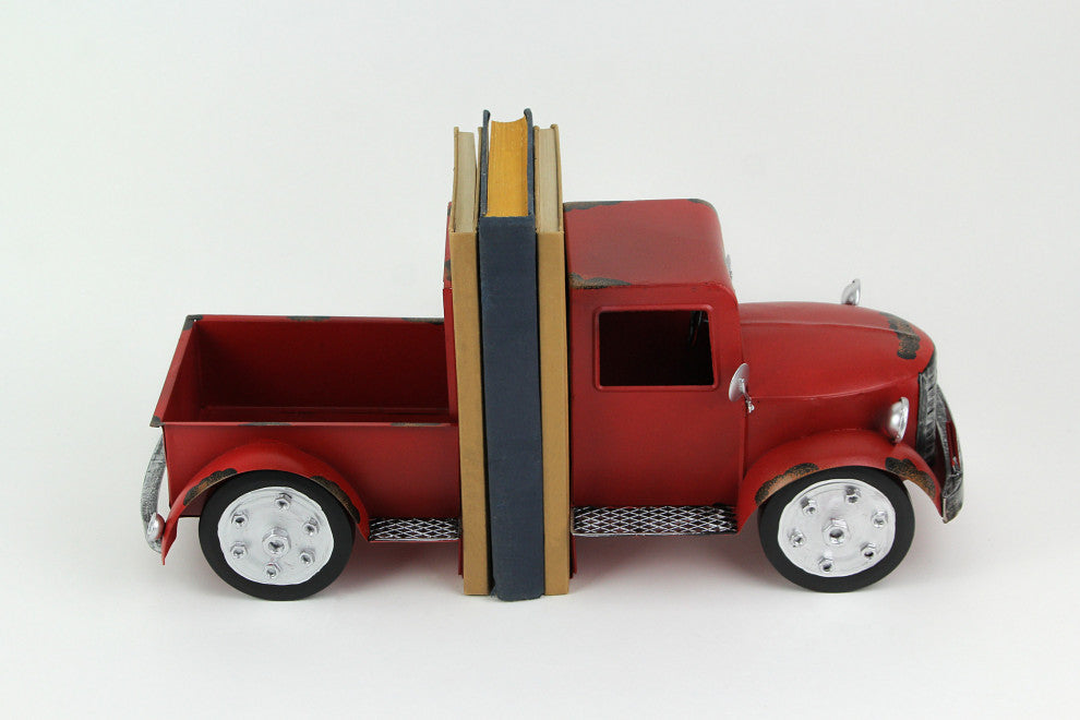 Vintage Red Pickup Truck Weathered Finish Metal Bookends Front and Back