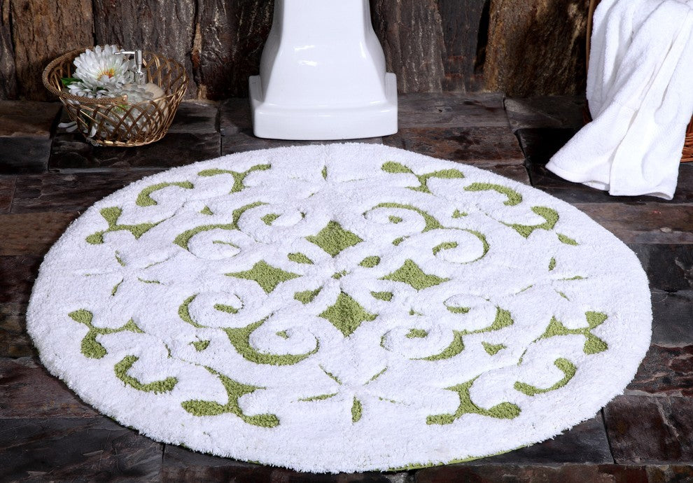 Saffron Fabs Bath Rug, Cotton, 36" Round, 200 GSF, Damask Pattern, Sage Gree