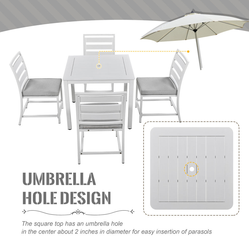 5-Piece Outdoor Steel Patio Dining Set with table and four chairs, White