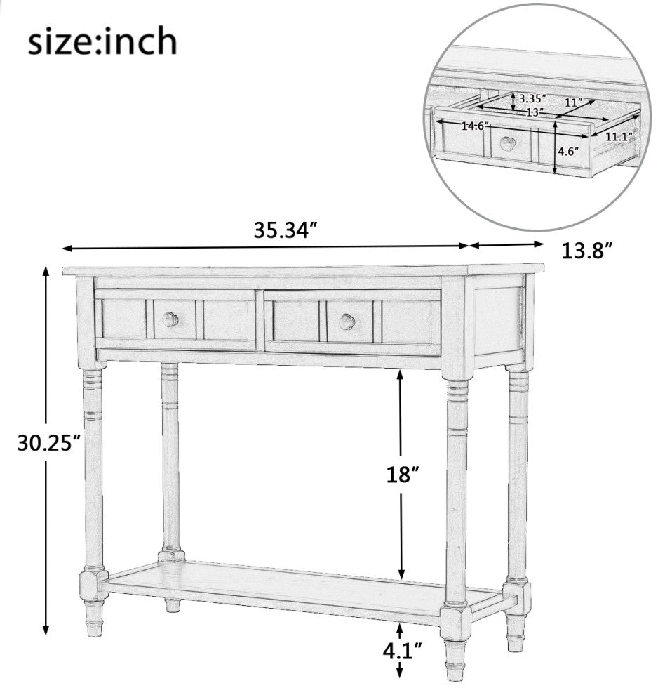 Console Table with Two Drawers and Bottom Shelf, Antique Blue