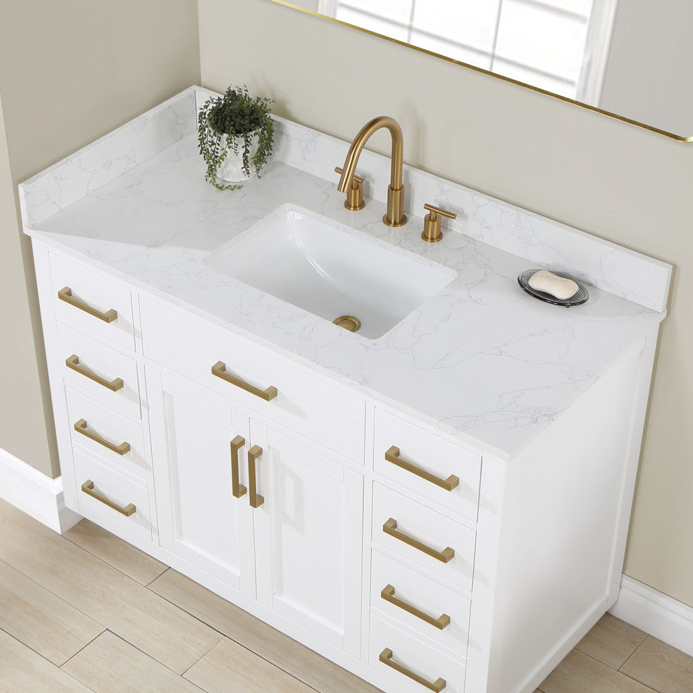 Gavino Vanity With Grain White Composite Stone Top, White/Brushed Gold, 48", No Mirror