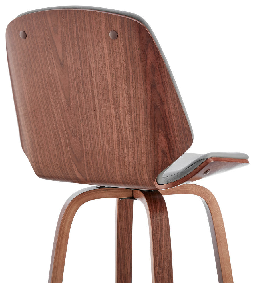 Arabela Faux Leather and Wood Swivel Bar Stool, Gray and Walnut