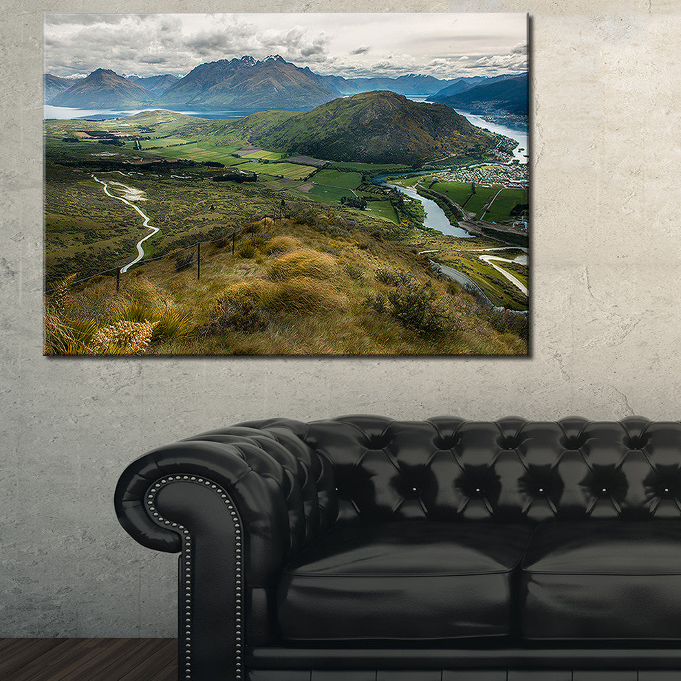"Fields and Hills in New Zealand" Landscape Canvas Photo Print, 32"x16"