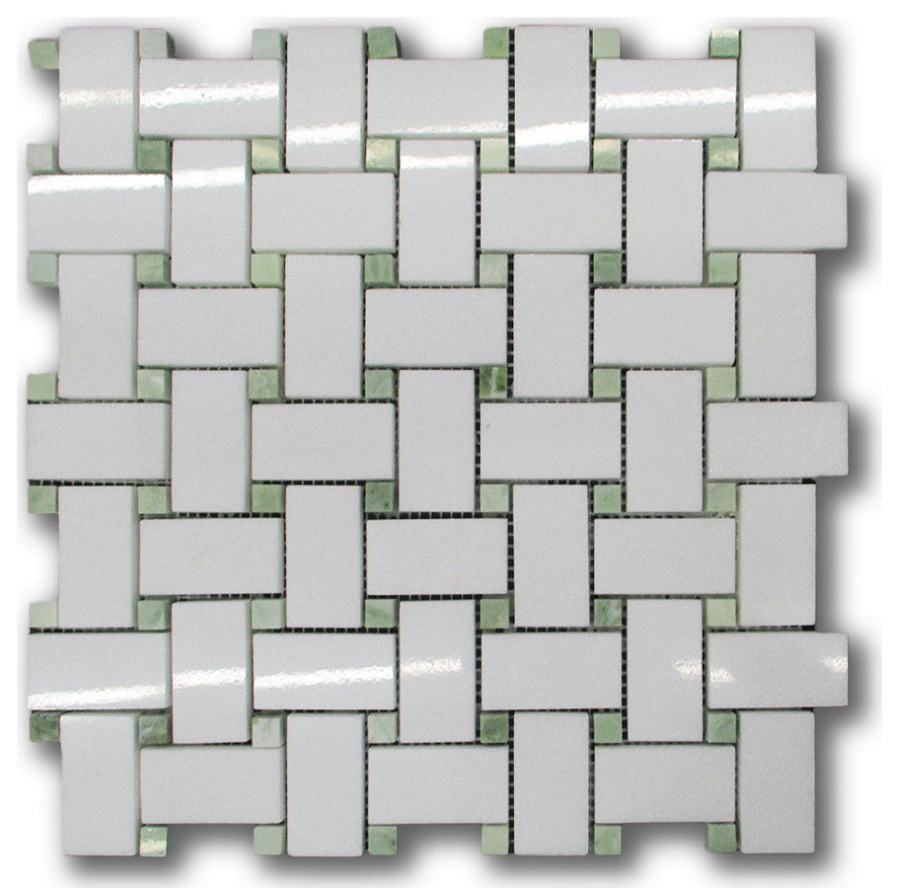 Thassos White Marble 1x2 Basketweave Mosaic Tile / Green Dots Polished, 1 sheet