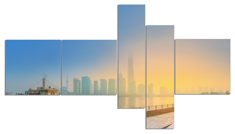 Shanghais Night with Lights, Cityscape Canvas Art Print, 60"x32", 5 panels