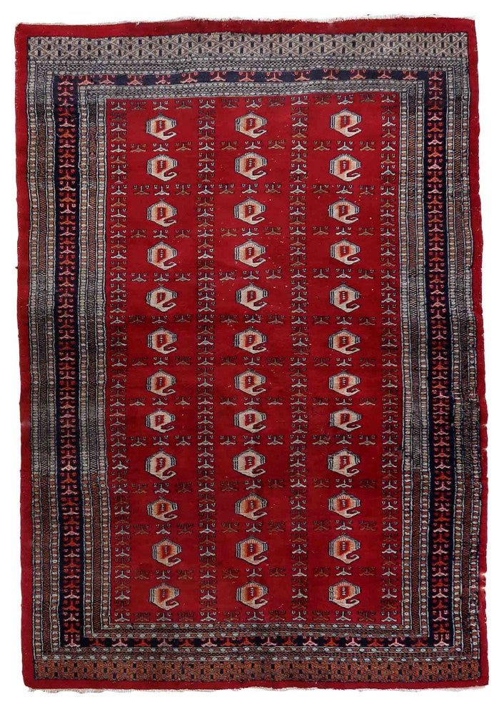 Handmade Vintage Uzbek Bukhara Rug 4.1'x6.4', 126cmx195cm 1960s