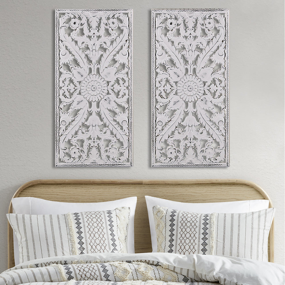 Madison Park Antique Carved Wooden Boho 2-Piece Wall Art Decor, Bronze, White