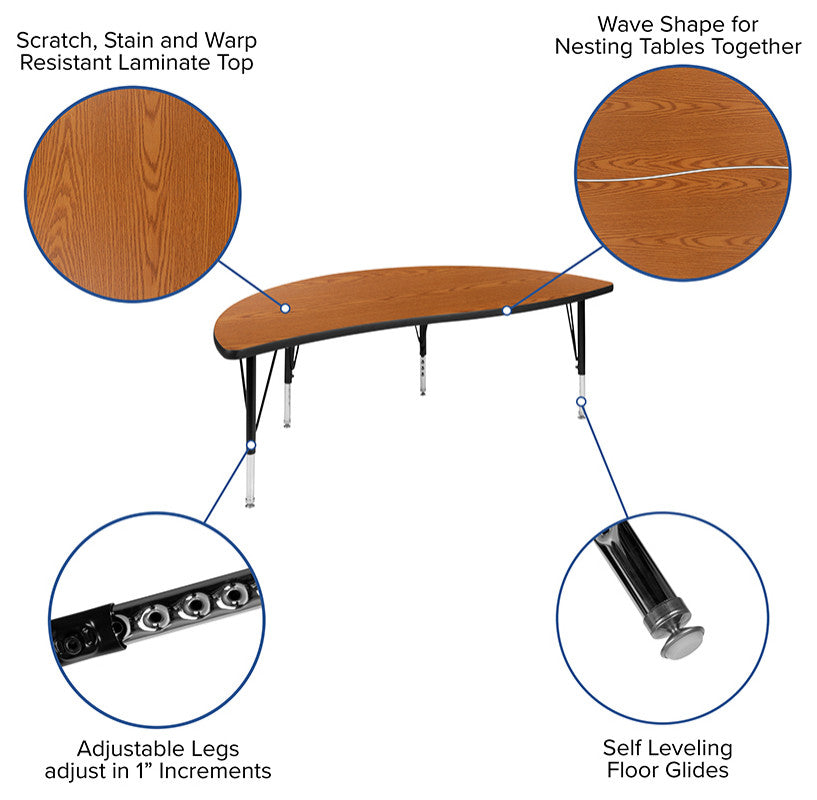 3 Piece 86" Oval Wave Activity Table Set - Height Adj. Short Legs, Oak