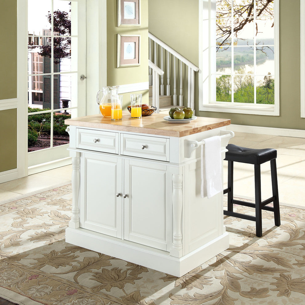 Butcher Block Top Kitchen Island, White Finish With 24" Black Upholstered Sadd