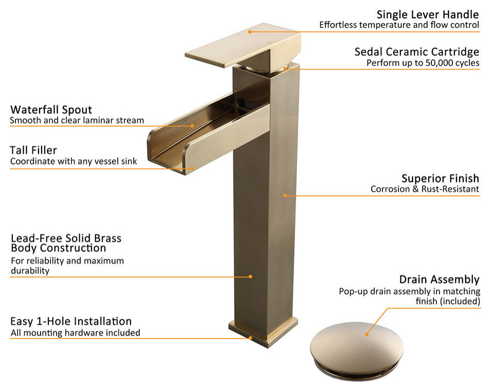 Contemporary Single Handle Waterfall Spout Bathroom Vessel Sink Faucet, Brushed Gold