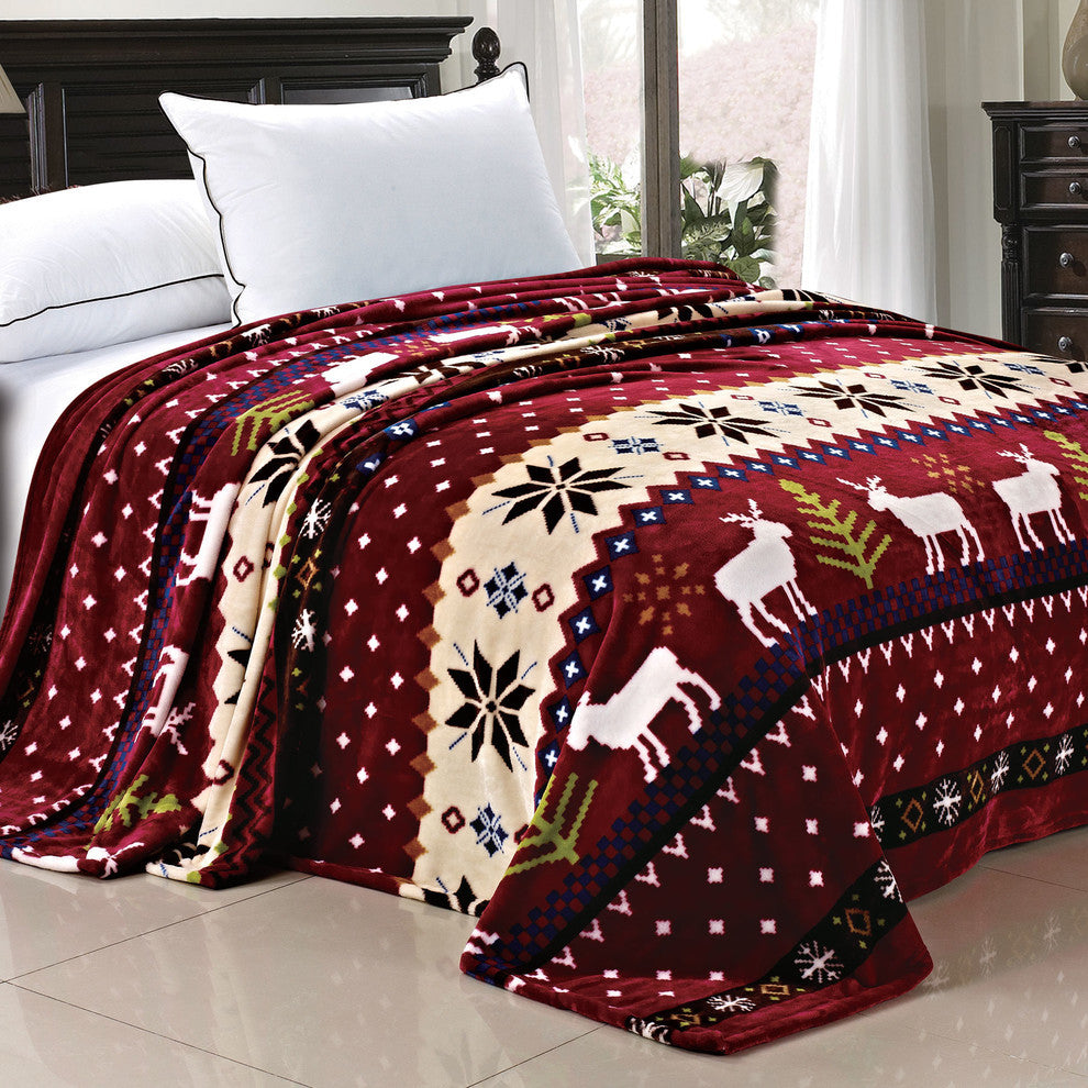 Christmas Deer Flannel Fleece Blanket, Burgundy Christmas Deer, Queen