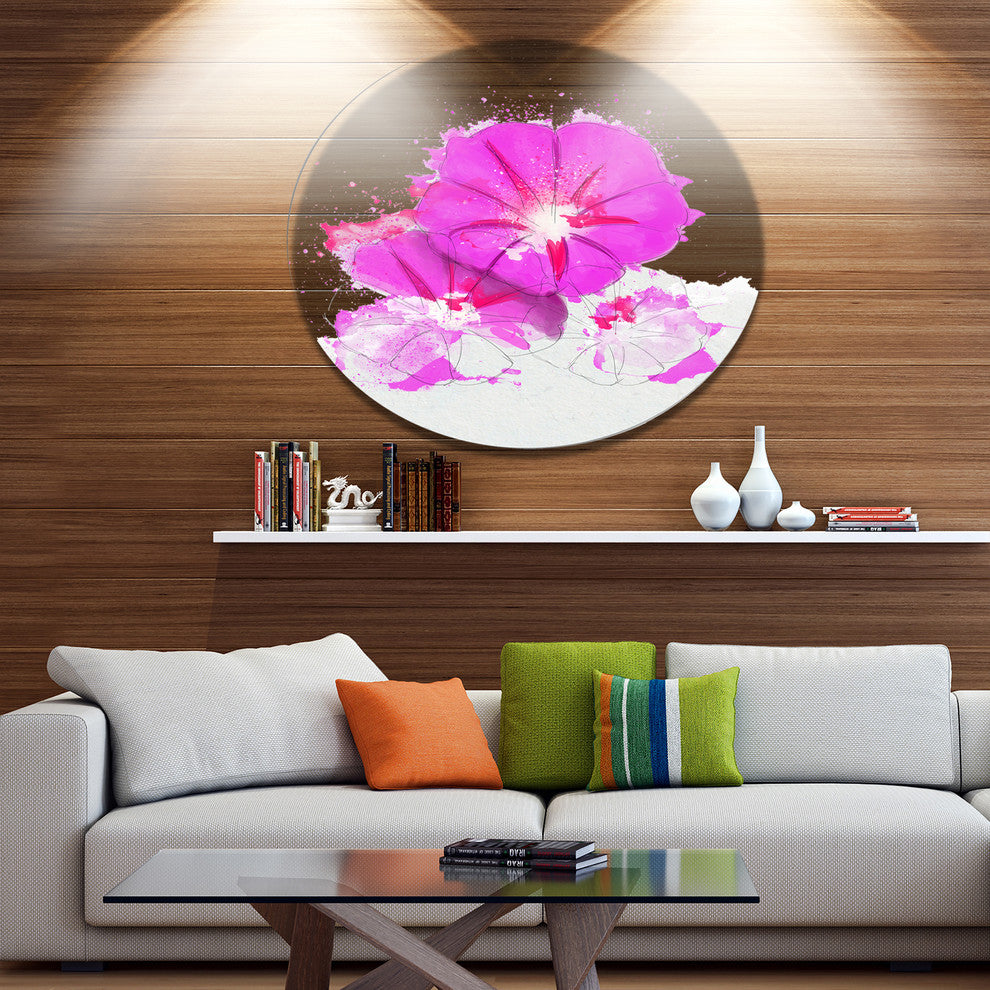 Pink Flowers Sketch With Color Splashes, Floral Round Artwork, 23"
