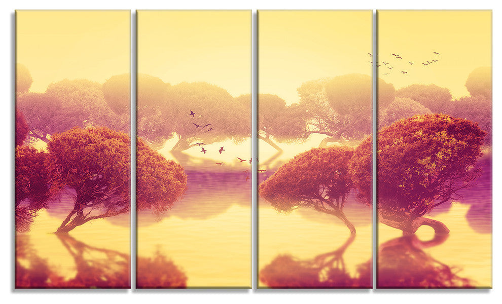 Peaceful Japanese Gardens, Landscape Canvas Art Print, 48"x28", 4 Panels