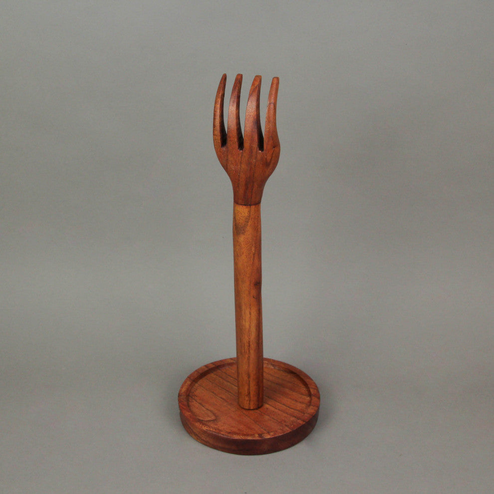 Hand Carved Wooden Countertop Paper Towel Holder Rustic Kitchen Fork Top Stand
