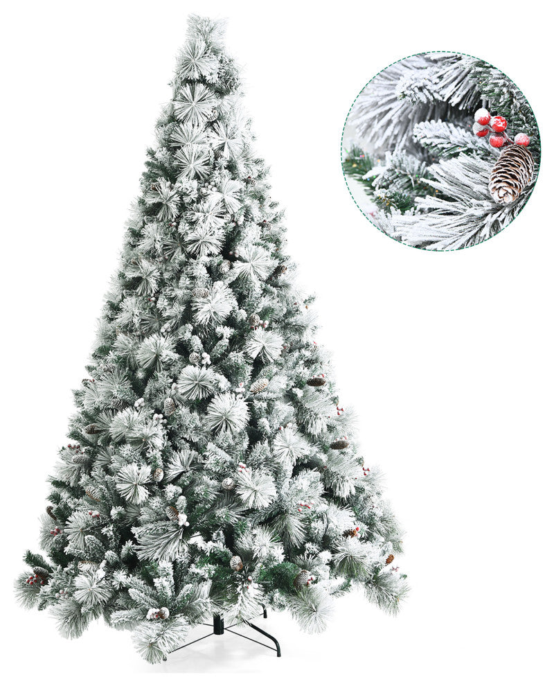 Costway 8ft Snow Flocked Christmas Tree Glitter Tips w/ Pine Cone & Red Berries