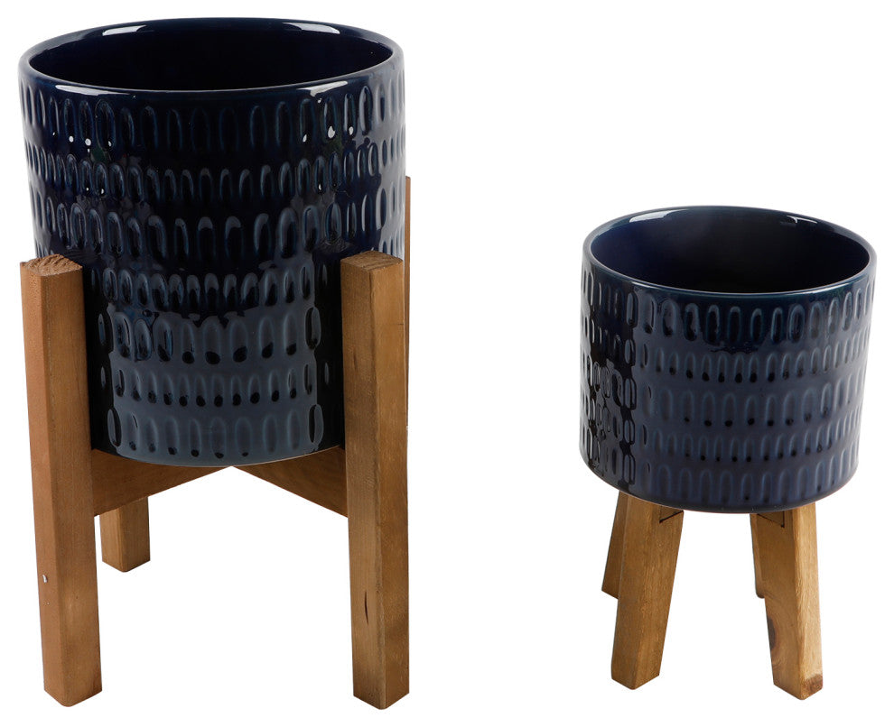 Set of 2 10' and 8" Raindrop Ceramic Planter On Wood Stand,Glass Navy
