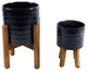 Set of 2 10' and 8" Raindrop Ceramic Planter On Wood Stand,Glass Navy