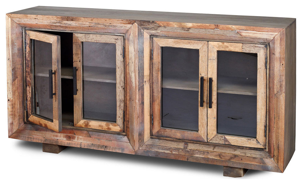 Hughes Sideboard Natural Finish On Reclaimed Wood With Plain Glass 4 Door