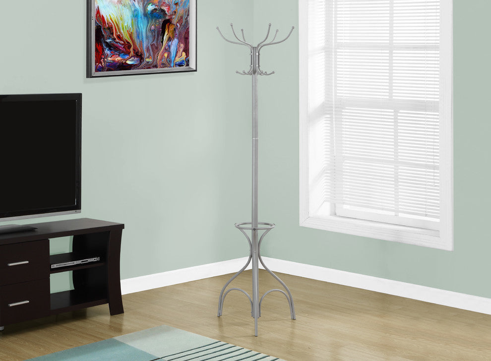 Coat Rack, 70" Silver Metal With An Umbrella Holder
