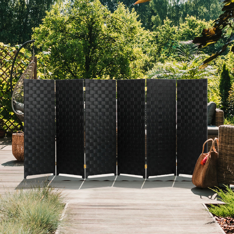 4 ft. Short Woven Fiber Outdoor All Weather Room Divider 6 Panel Black