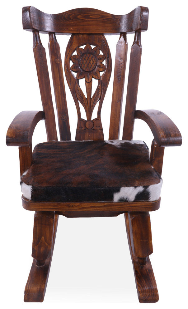 Wooden Rocking Chair Handcarved Back Removable Hair-On Cowhide Pillow RC133-CP