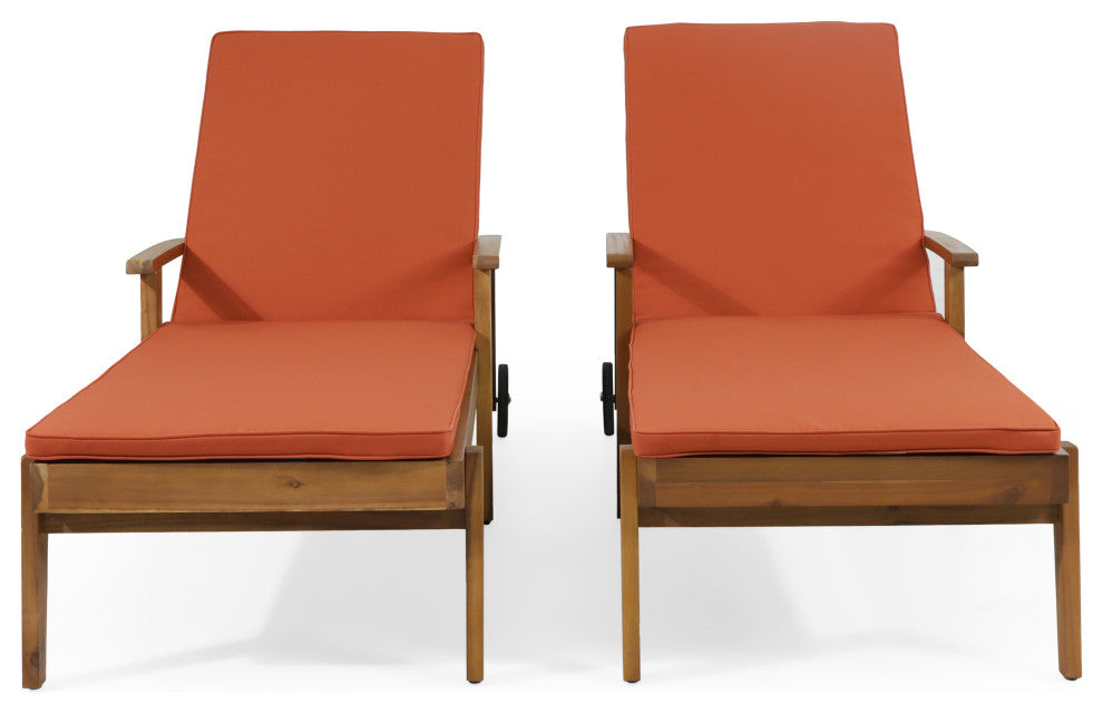Lucknow Outdoor Acacia Wood Chaise Lounge with Water Resistant Cushion, Set of 2, Orange + Teak