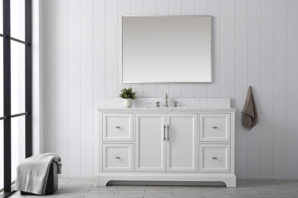 Vanity Art Bathroom Vanity With Sink & Top, White, 60", Engineered Marble