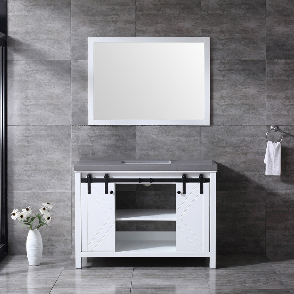 Marsyas 48" Single Vanity Cabinet Gray Quartz Top Square Sink, 44" Wall Mirror