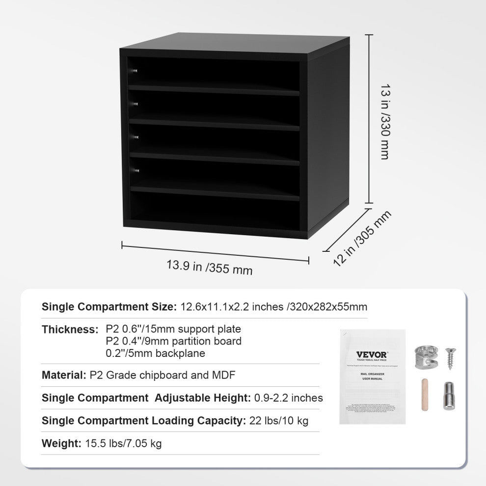 5 Compartments Wood File Organiser Office Mailbox with Adjustable Shelves, Black