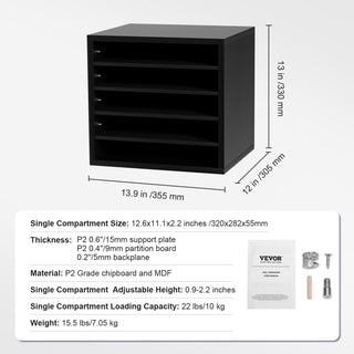 5 Compartments Wood File Organiser Office Mailbox with Adjustable Shelves, Black