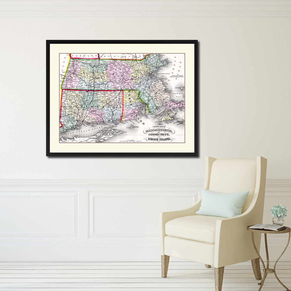 Massachusetts Connecticut Rhode Island Vintage Antique Map Wall Art, 28"x37"