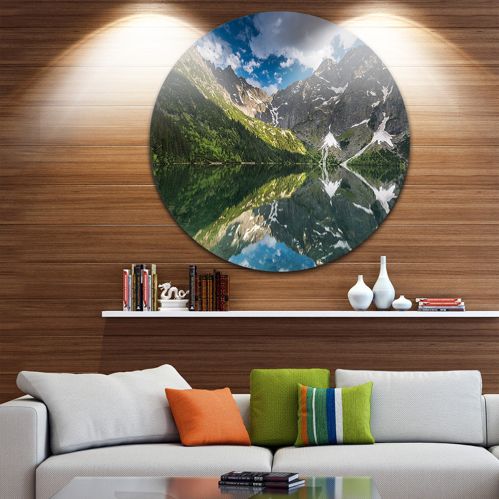 Reflection Of Mountain Peaks, Landscape Round Wall Art, 11"