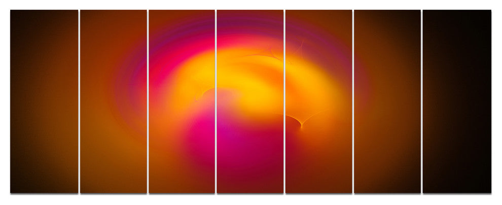 Yellow Pink Misty Sphere on Black, Abstract Canvas Art Print, 83"x32", 7 Panels