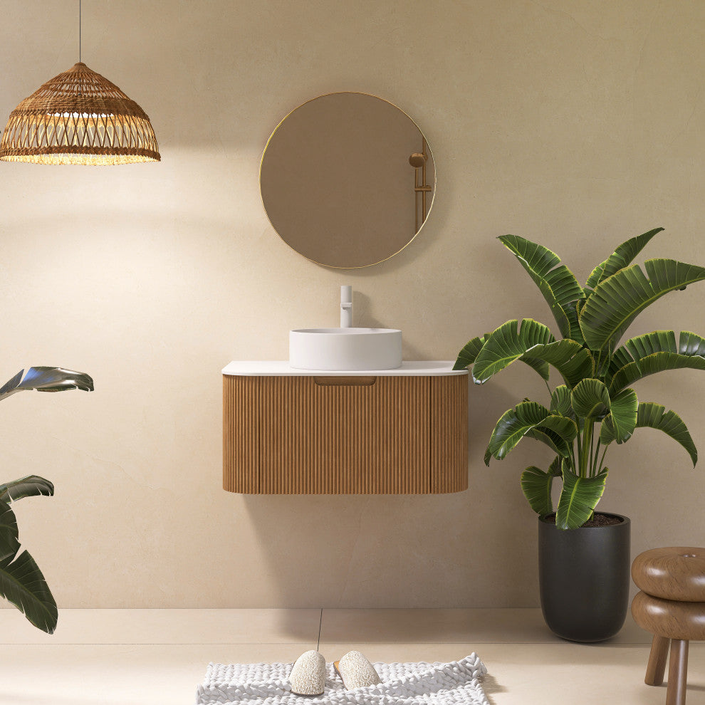 Wall-Mounted Bathroom Vanity With White Round Ceramic Basin, Natural Wood, 30"