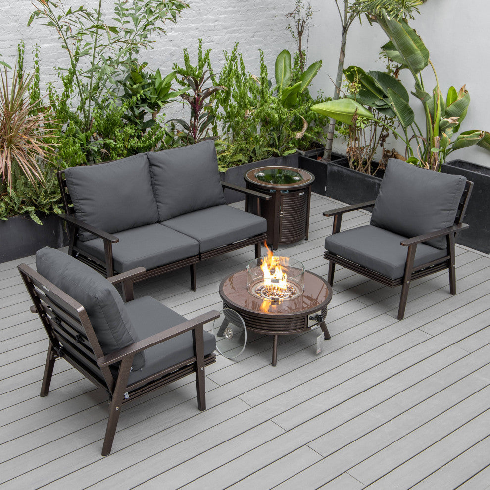 LeisureMod Walbrooke Patio Conversation Set With Fire Pit Table, Charcoal