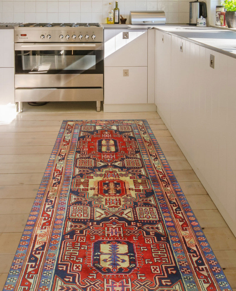 Fine Vintage Distressed Colys Navy/Red Runner, 3'10x10'4