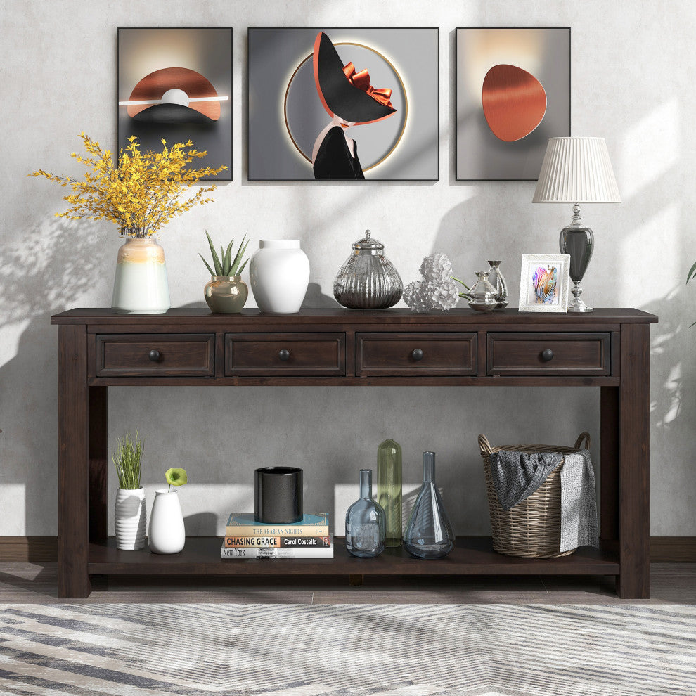 TATEUS 63" Console Table Hallway Sofa Table With Storage Drawers Bottom Shelf, Espresso