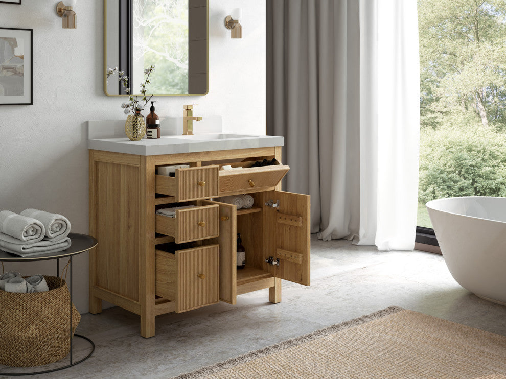 Sonoma 36 Right Offset Bath Vanity in Light Natural Teak with 2" White Quartz