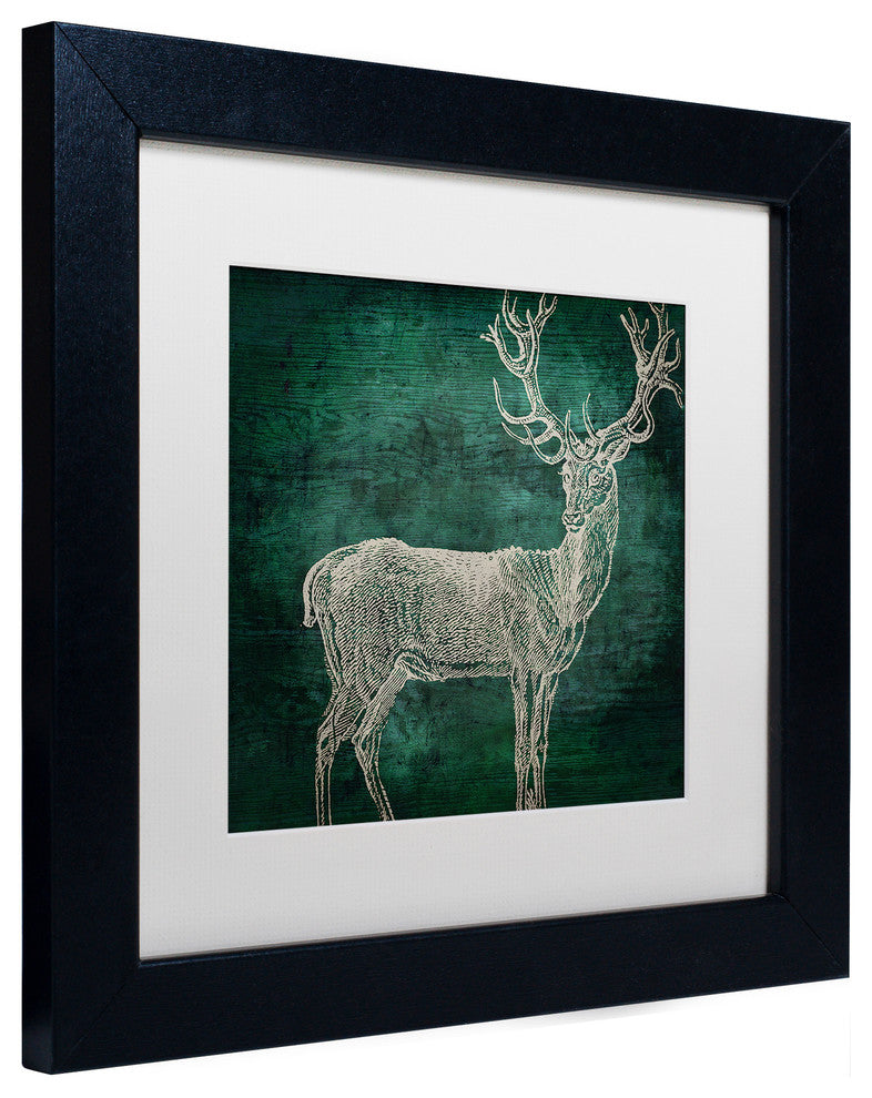 Color Bakery 'Emerald Deer' Art, Black Frame, White Matte, 11"x11"