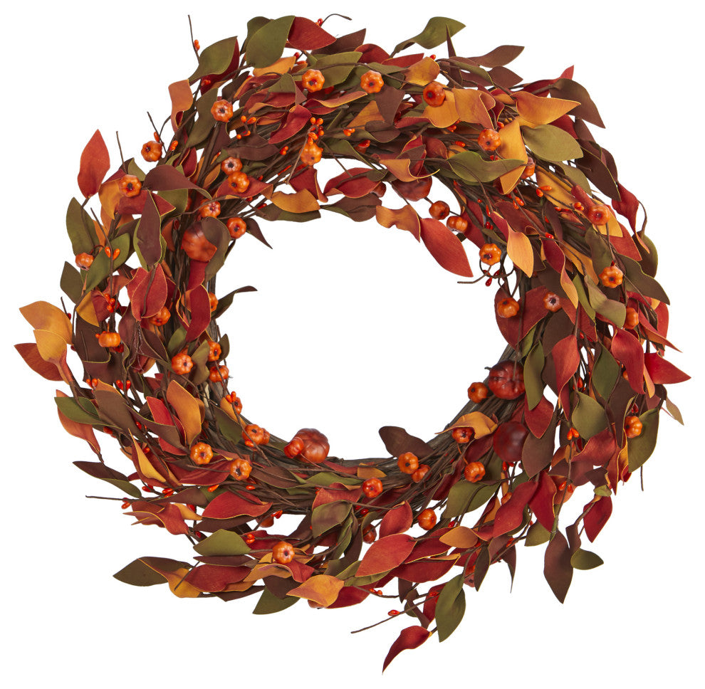 20" Harvest Leaf and Mini Pumpkin Artificial Wreath
